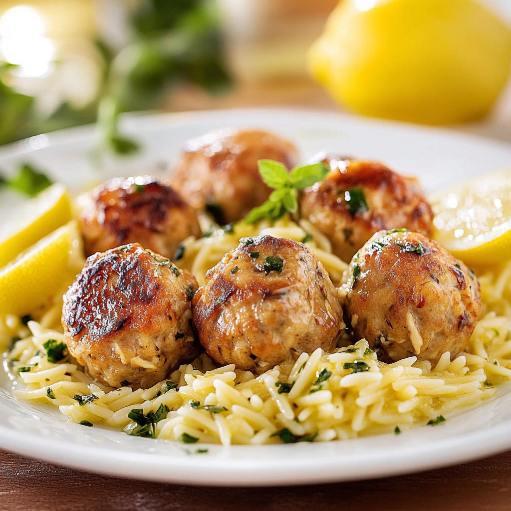 Greek Chicken Meatballs with Lemon Orzo