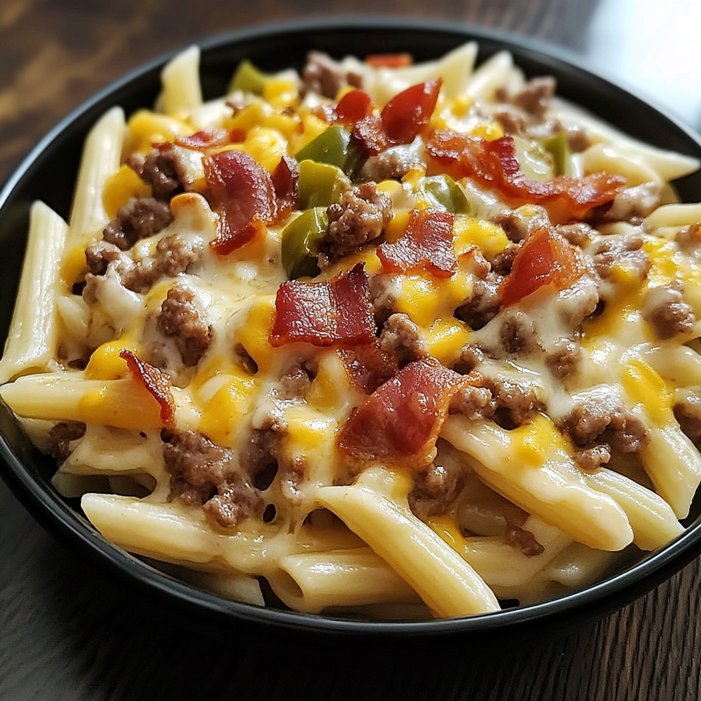 Recipe preparation for Loaded Bacon Cheeseburger Pasta