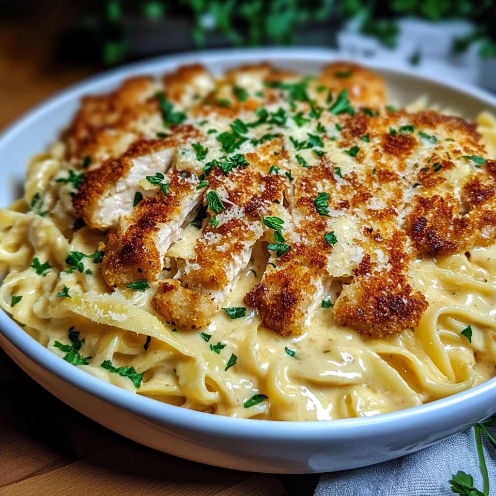 Recipe preparation for Crispy Chicken Fettuccine Alfredo