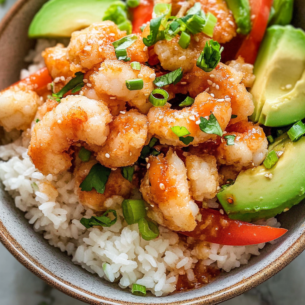 Recipe preparation for Bang Bang Shrimp Rice Bowl