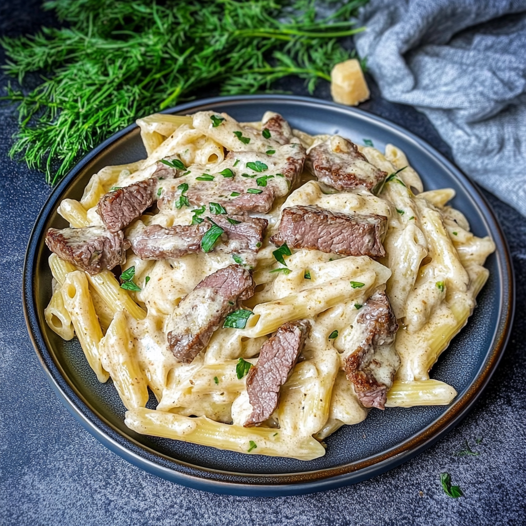 Recipe preparation for Steak Creamy Garlic Pasta