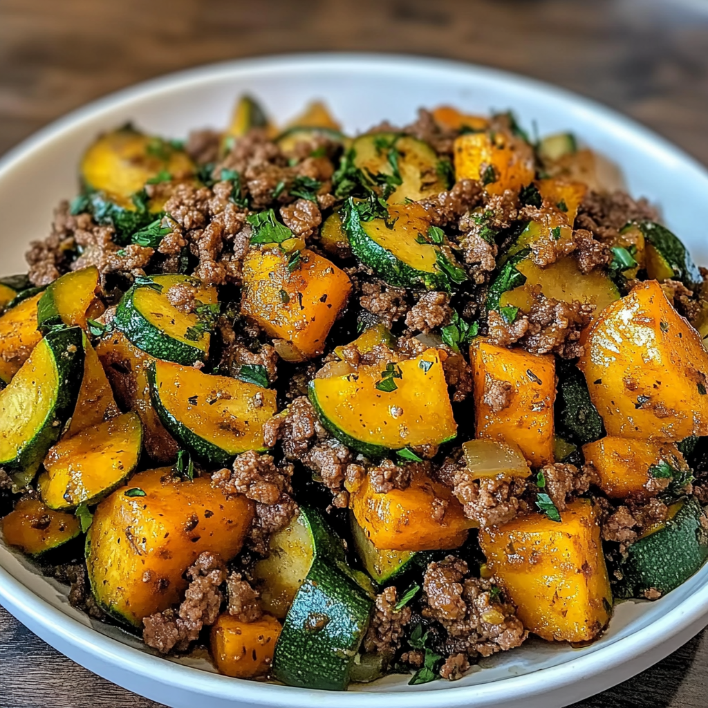 Recipe preparation for Ground Beef Zucchini Sweet Potato Skillet