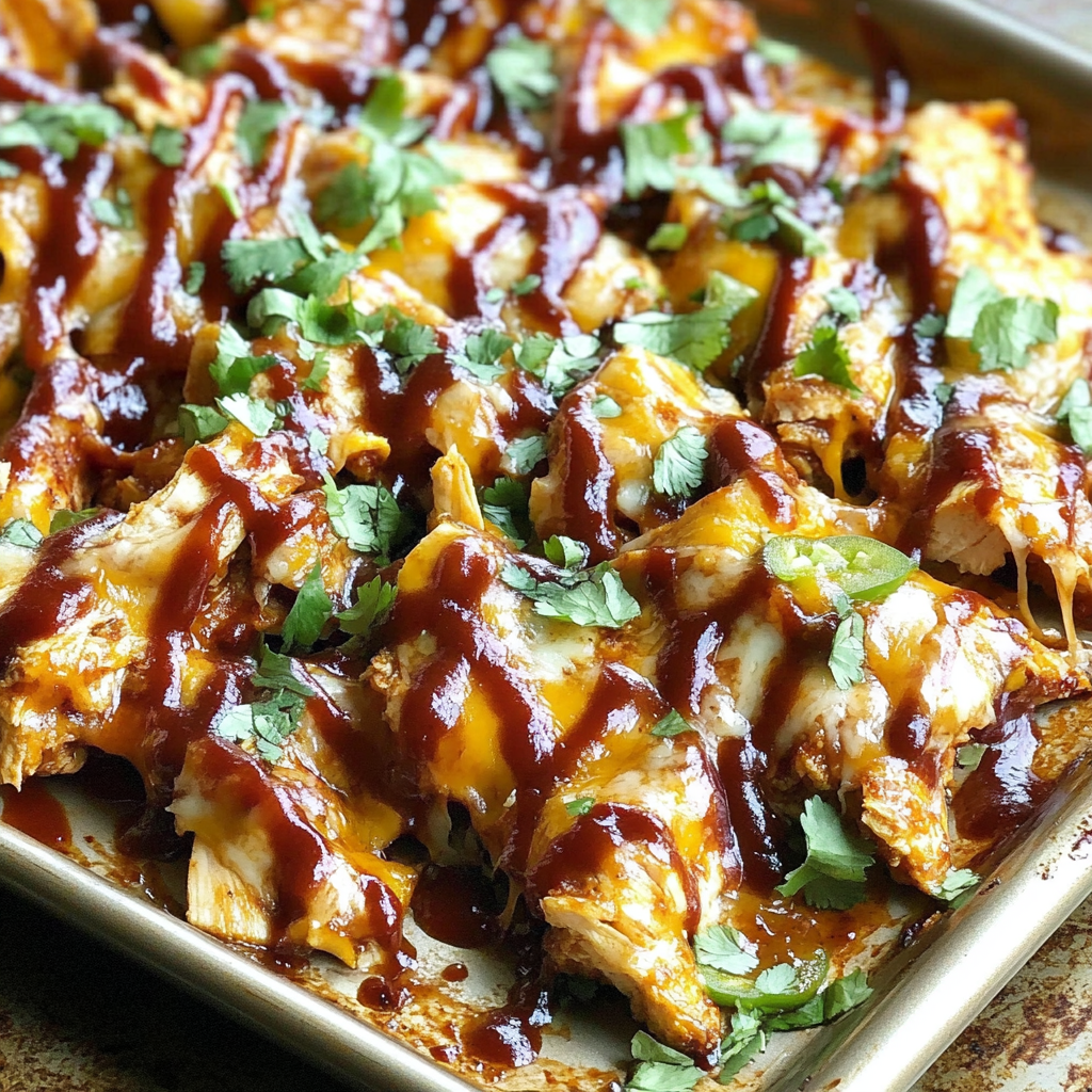 Recipe preparation for Sheet Pan BBQ Chicken Nachos