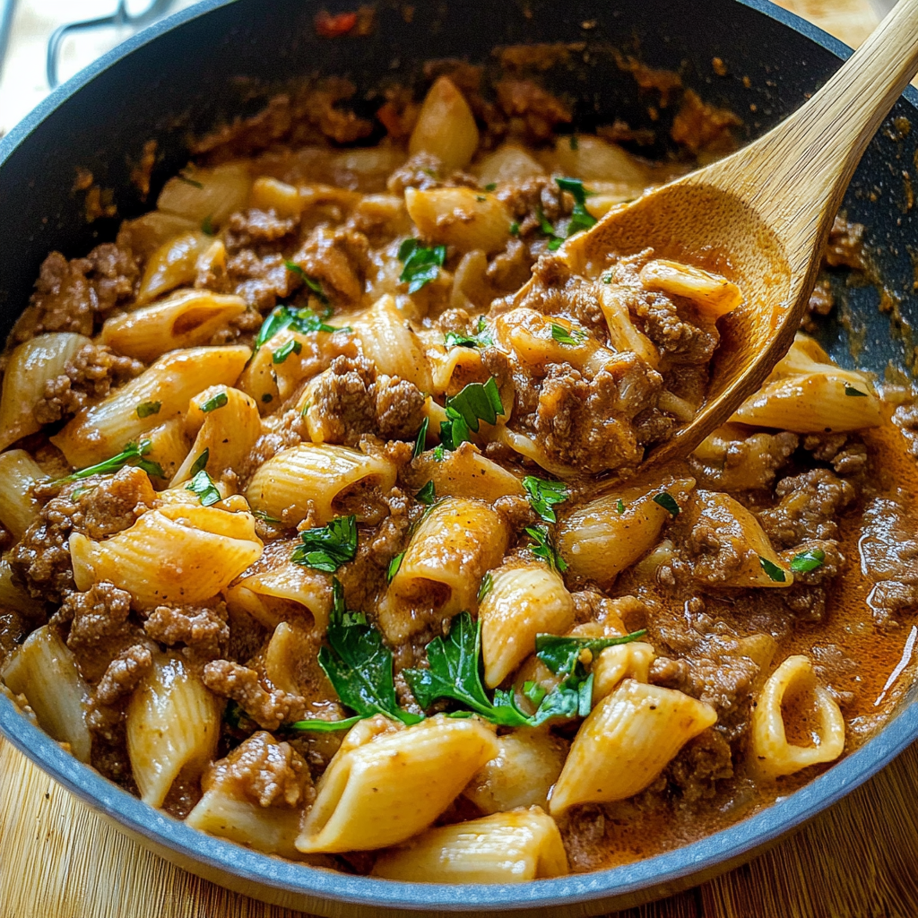 Recipe preparation for Cheesy Beef Pasta
