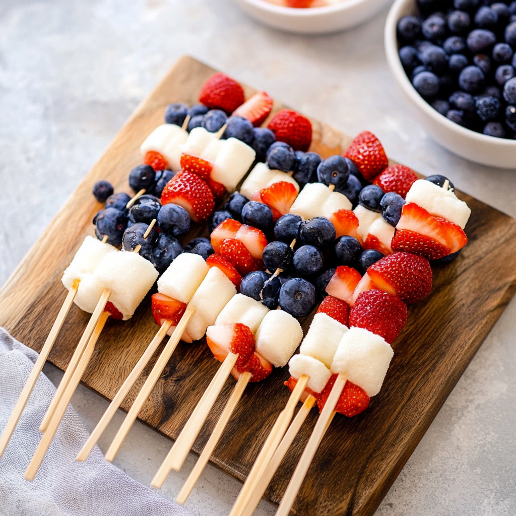 Recipe preparation for Red, White and Blue Fruit Kabobs