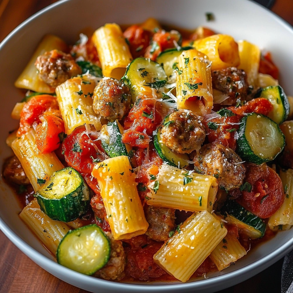 Recipe preparation for Rigatoni with Sausage, Tomatoes, and Zucchini