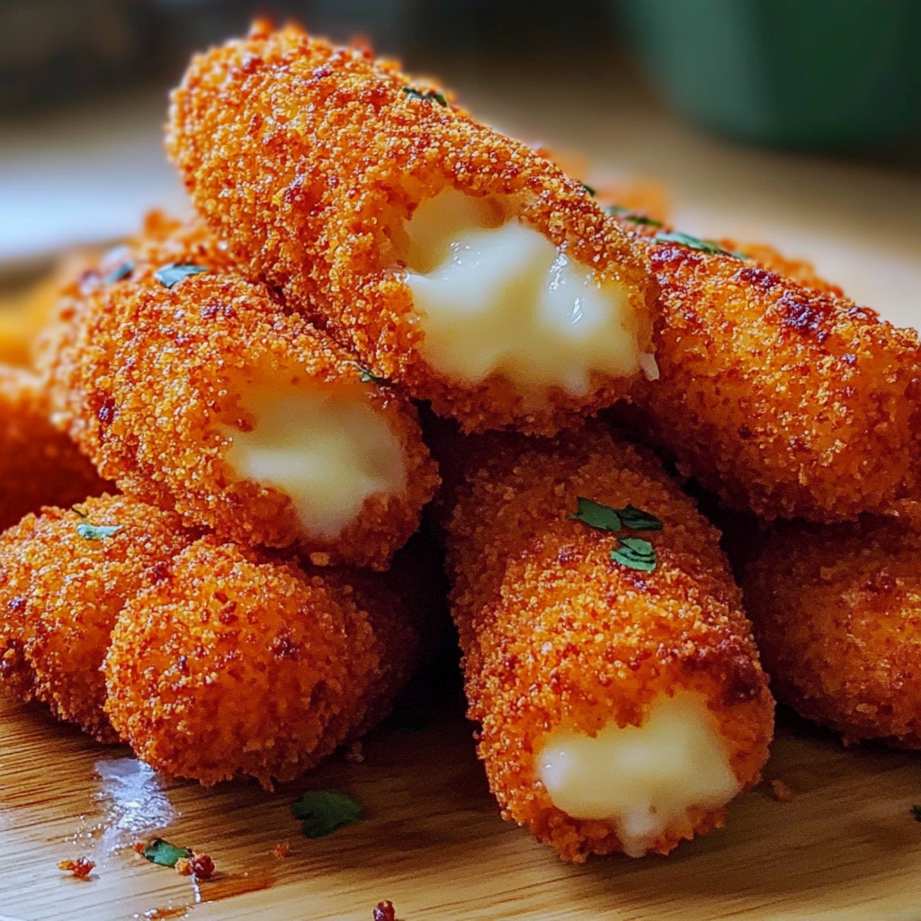 Recipe preparation for Hot Cheeto Mozzarella Sticks