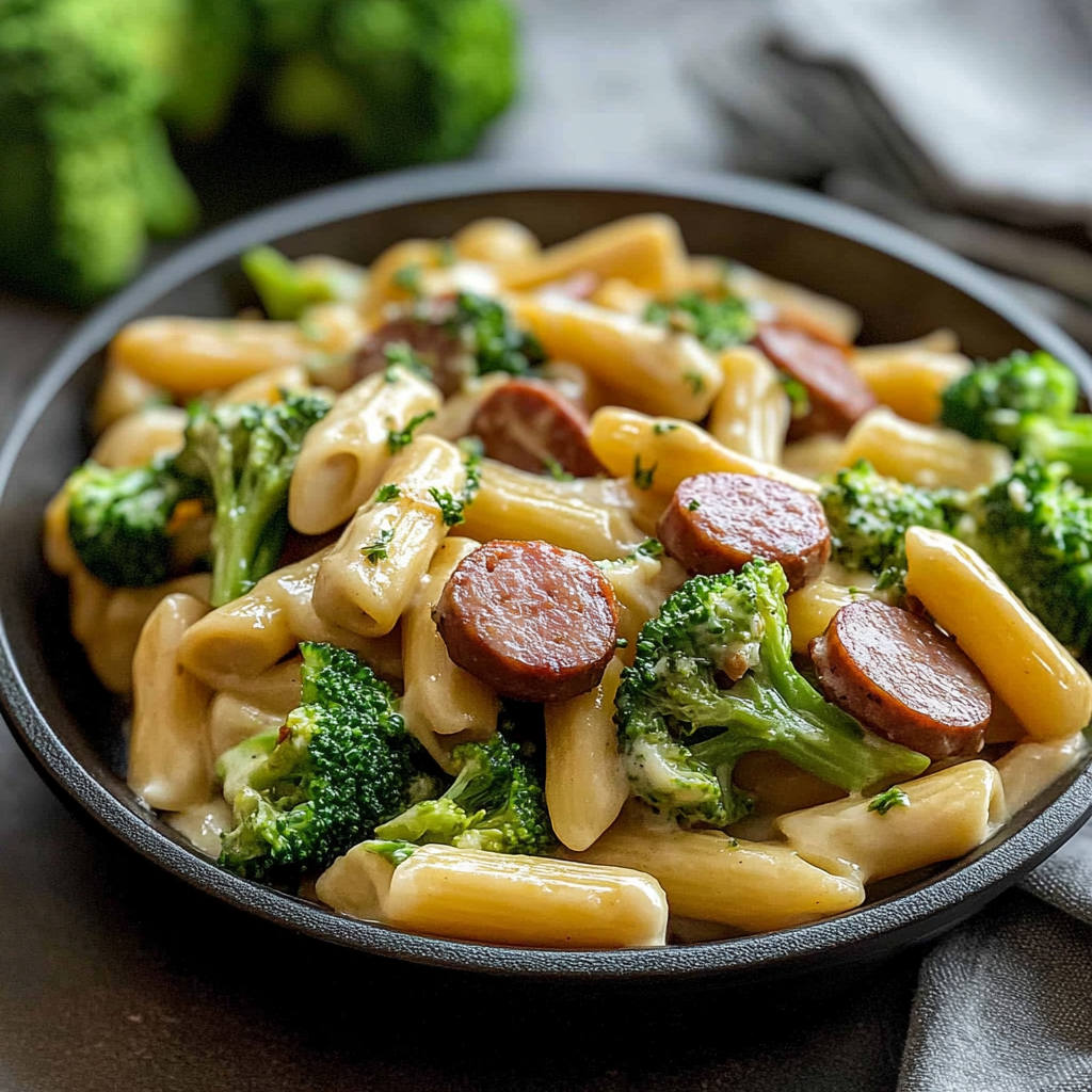 Recipe preparation for Creamy Kielbasa and Broccoli Skillet