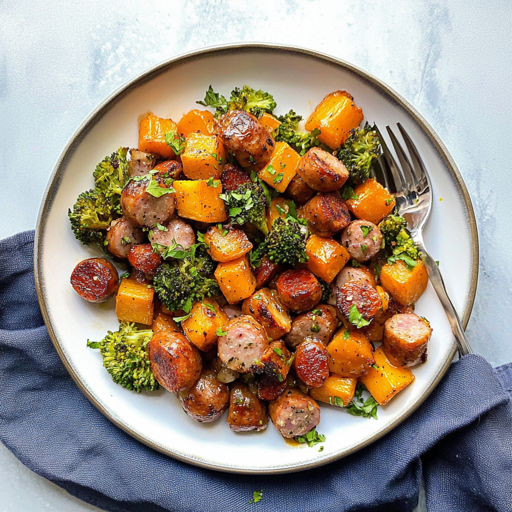 Recipe preparation for Sheet Pan Sausage and Sweet Potatoes with Honey Garlic Sauce