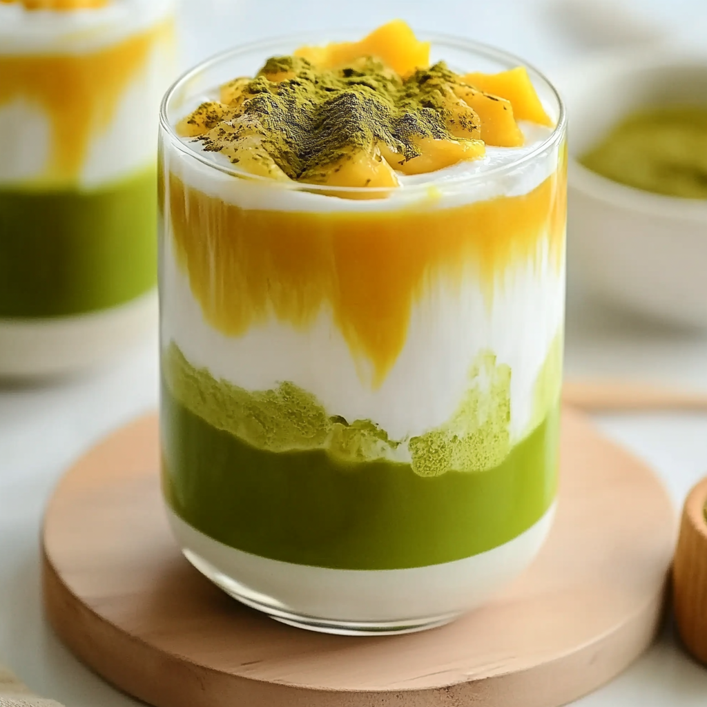 Recipe preparation for Iced Mango Matcha Latte Recipe