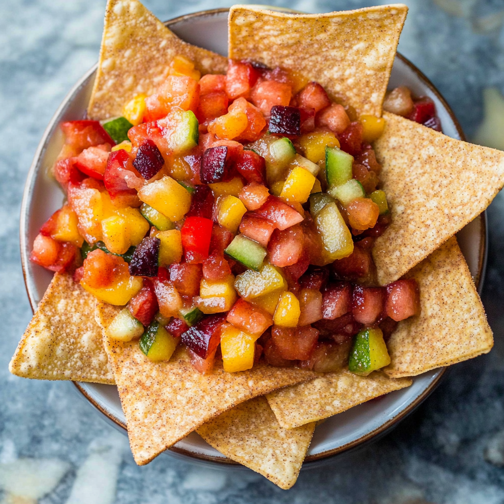 Recipe preparation for Fruit Salsa with Cinnamon Sugar Tortilla Chips