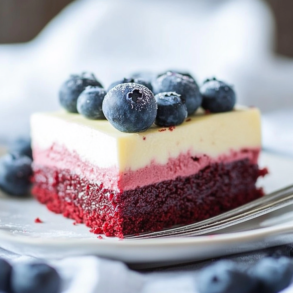 Recipe preparation for Fourth of July Red Velvet Cheesecake Bars