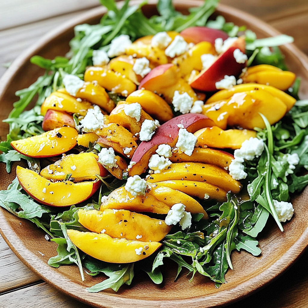 Recipe preparation for Peach Feta Arugula Salad