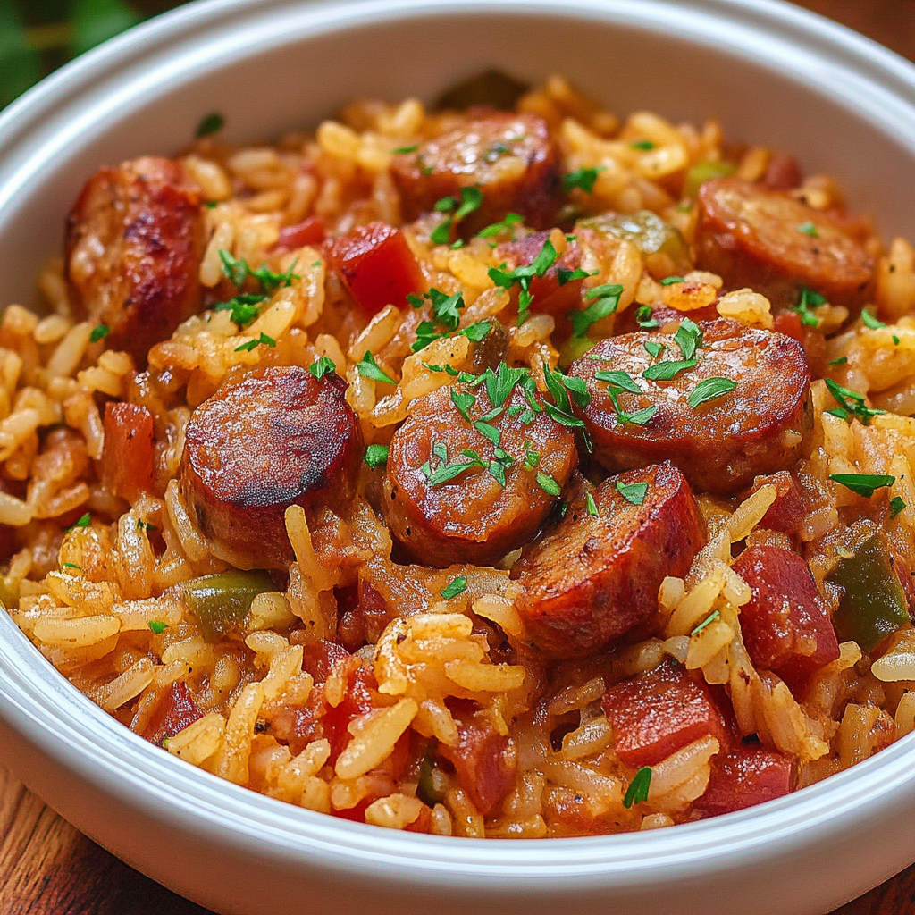 Recipe preparation for One Pot Smoked Sausage Rice