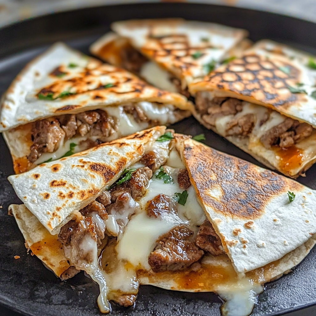 Recipe preparation for Steak Cheese Quesadillas on Blackstone