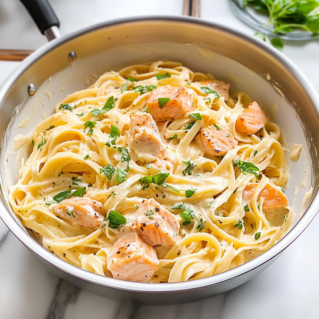 Recipe preparation for Salmon Fettuccine Creamy Alfredo