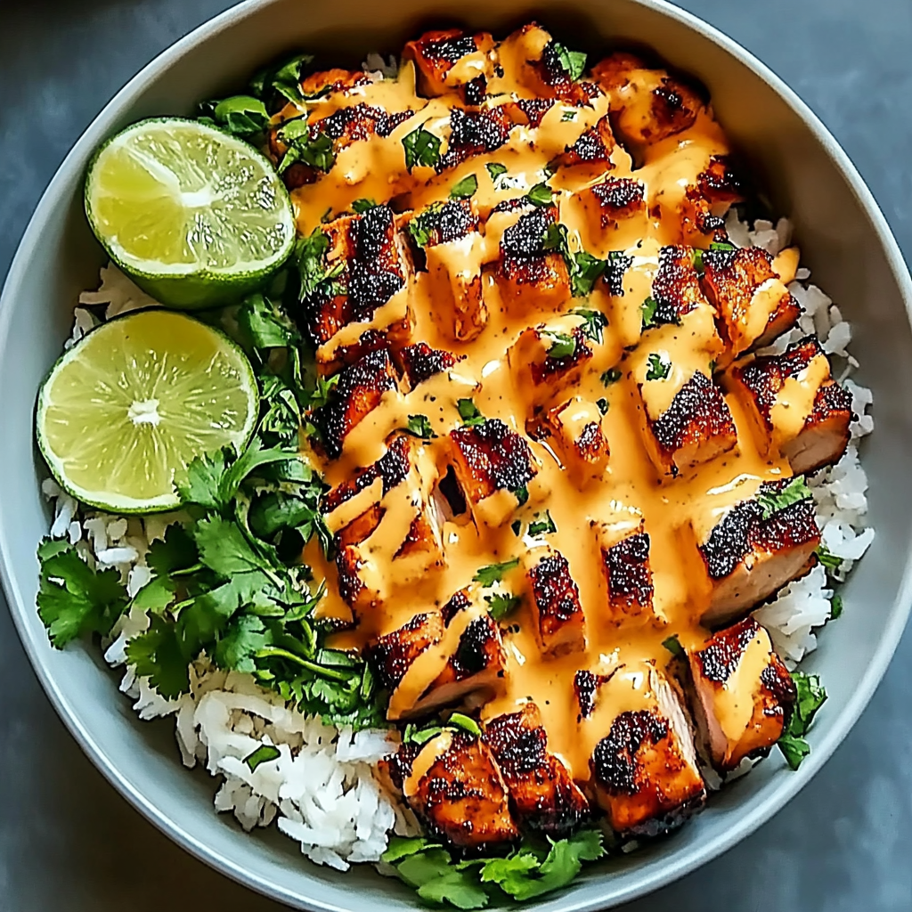 Recipe preparation for Sweet Chili Chicken Bowl with Coconut Lime Drizzle