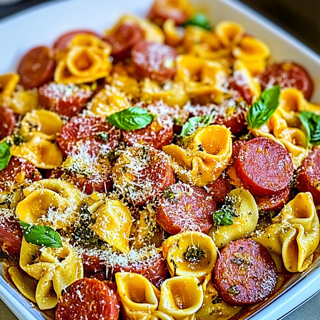 Recipe preparation for Sheet Pan Tortellini and Kielbasa