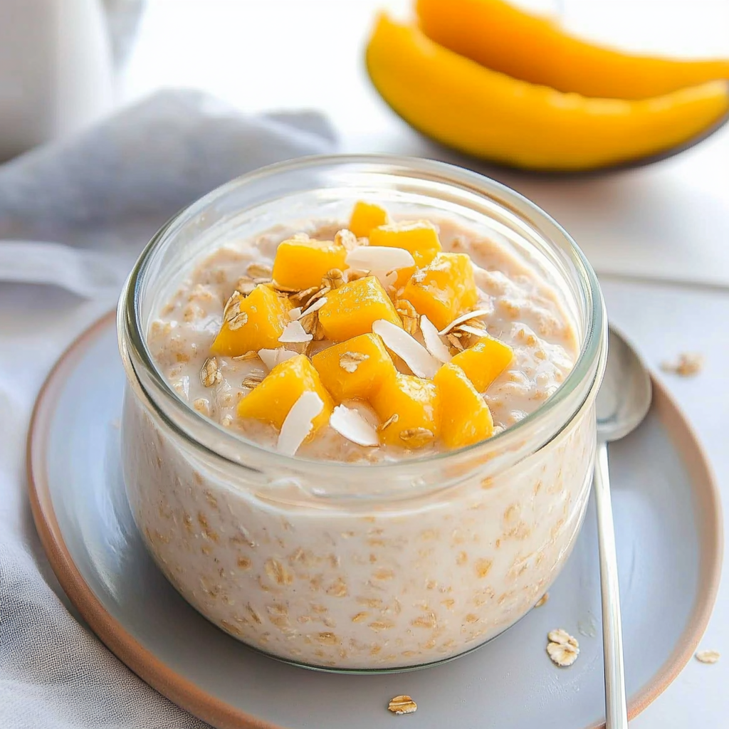 Recipe preparation for Creamy Mango Overnight Oats with Coconut Milk