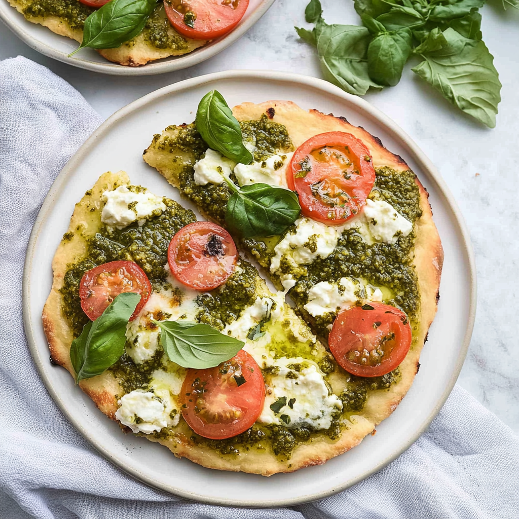Recipe preparation for Pesto Flatbread Pizza