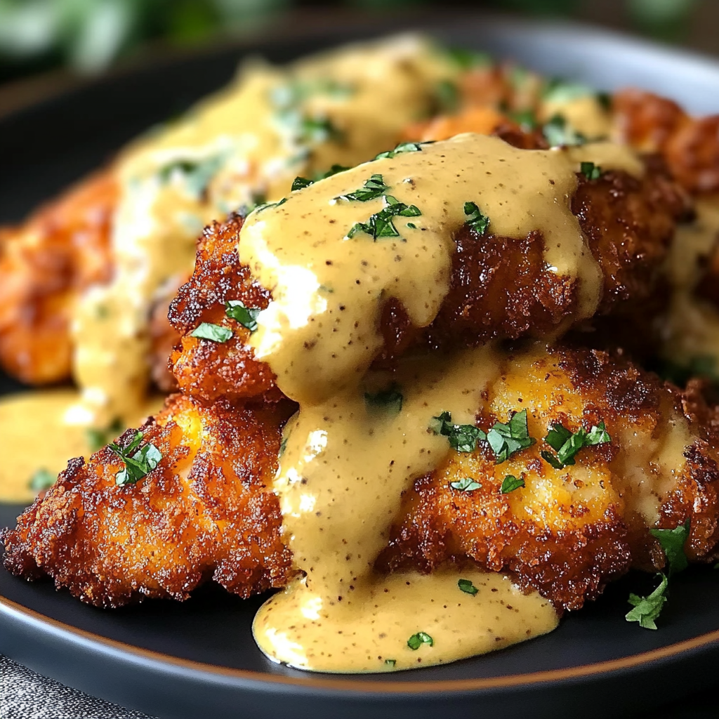 Recipe preparation for Pretzel Chicken with Mustard-Cheddar Sauce