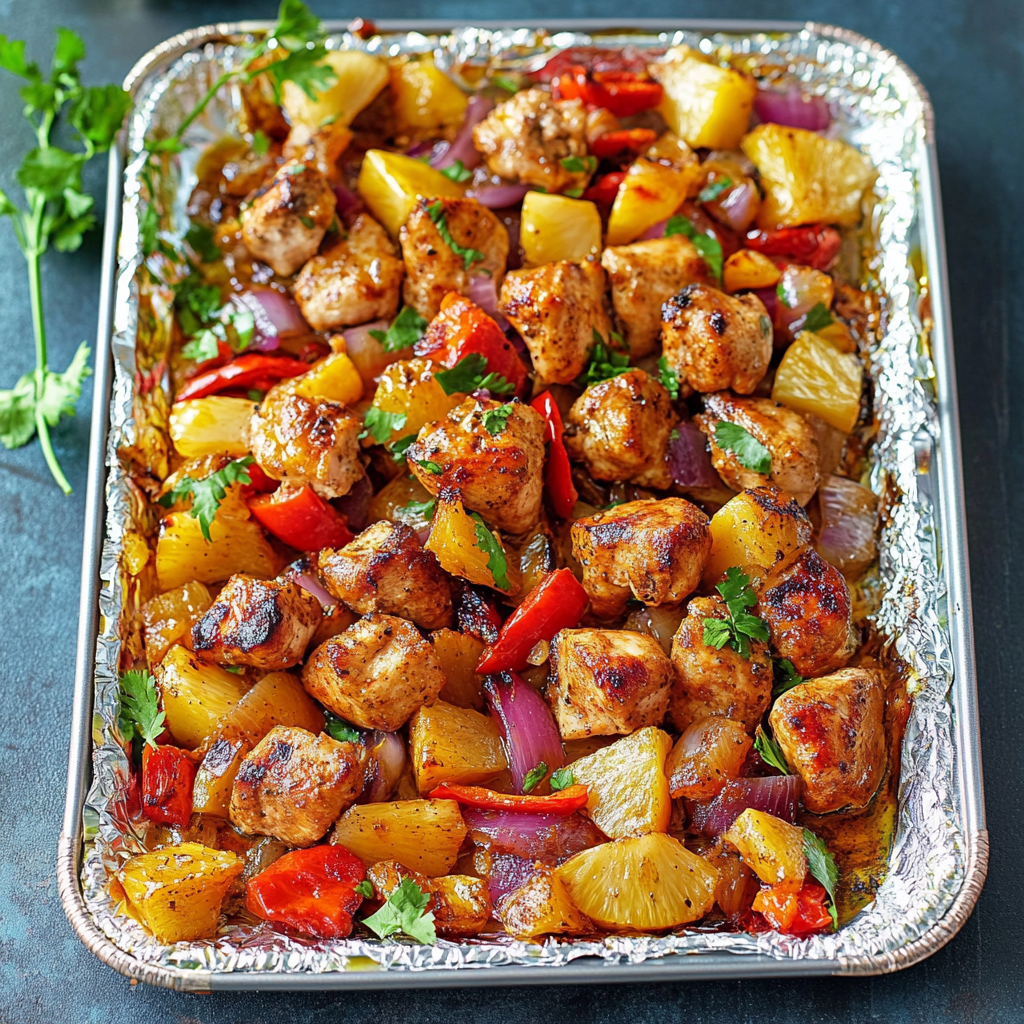 Recipe preparation for Sheet Pan Hawaiian Chicken with Pineapple and Peppers
