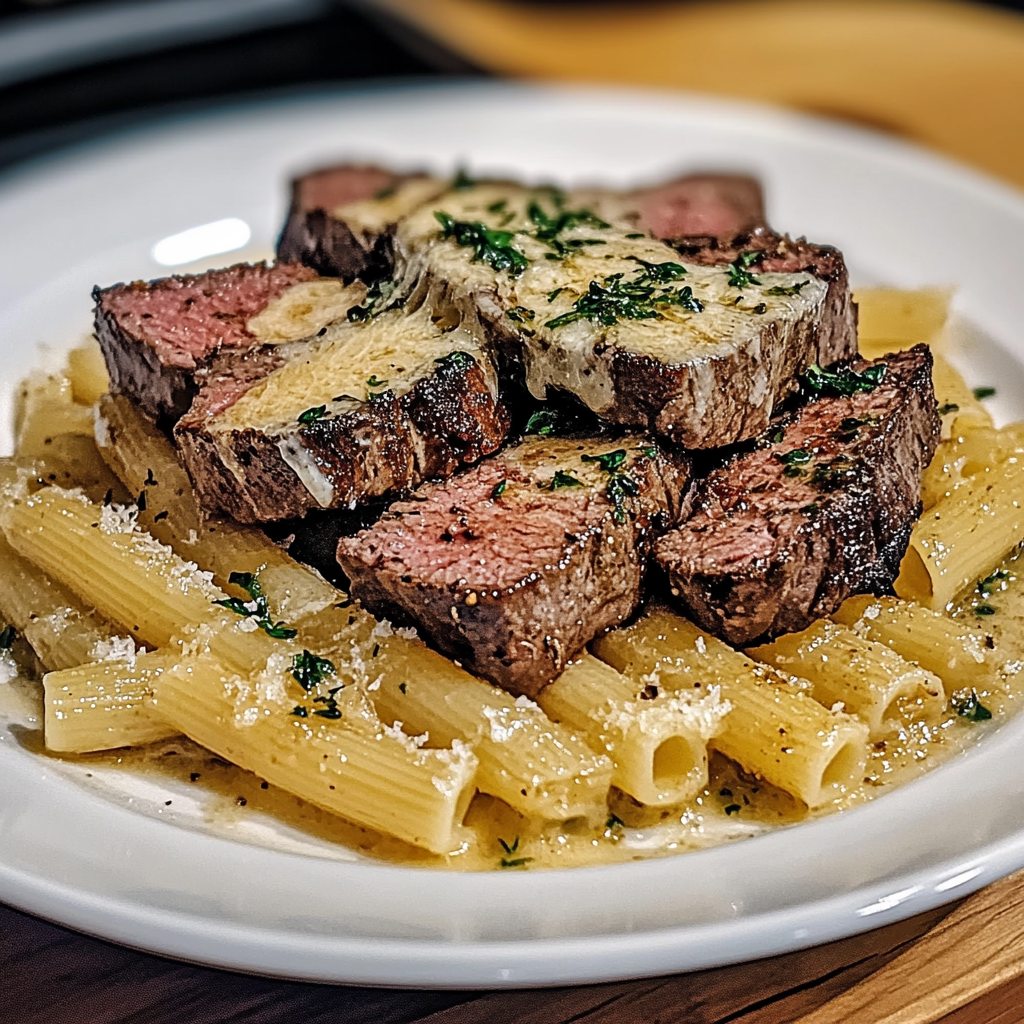 Recipe preparation for Mouthwatering Garlic Butter Steak with Cheesy Rigatoni
