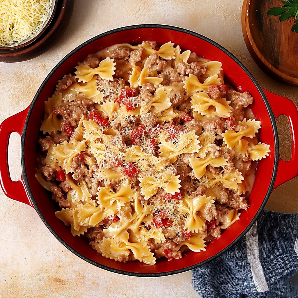 Recipe preparation for Italian Sausage with Bow Tie Pasta