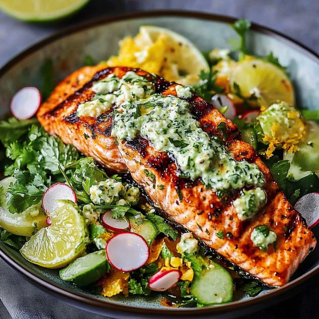 Recipe preparation for Grilled Salmon Cilantro Lime Salad