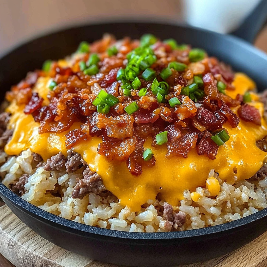 Recipe preparation for Bacon Cheeseburger Rice Skillet