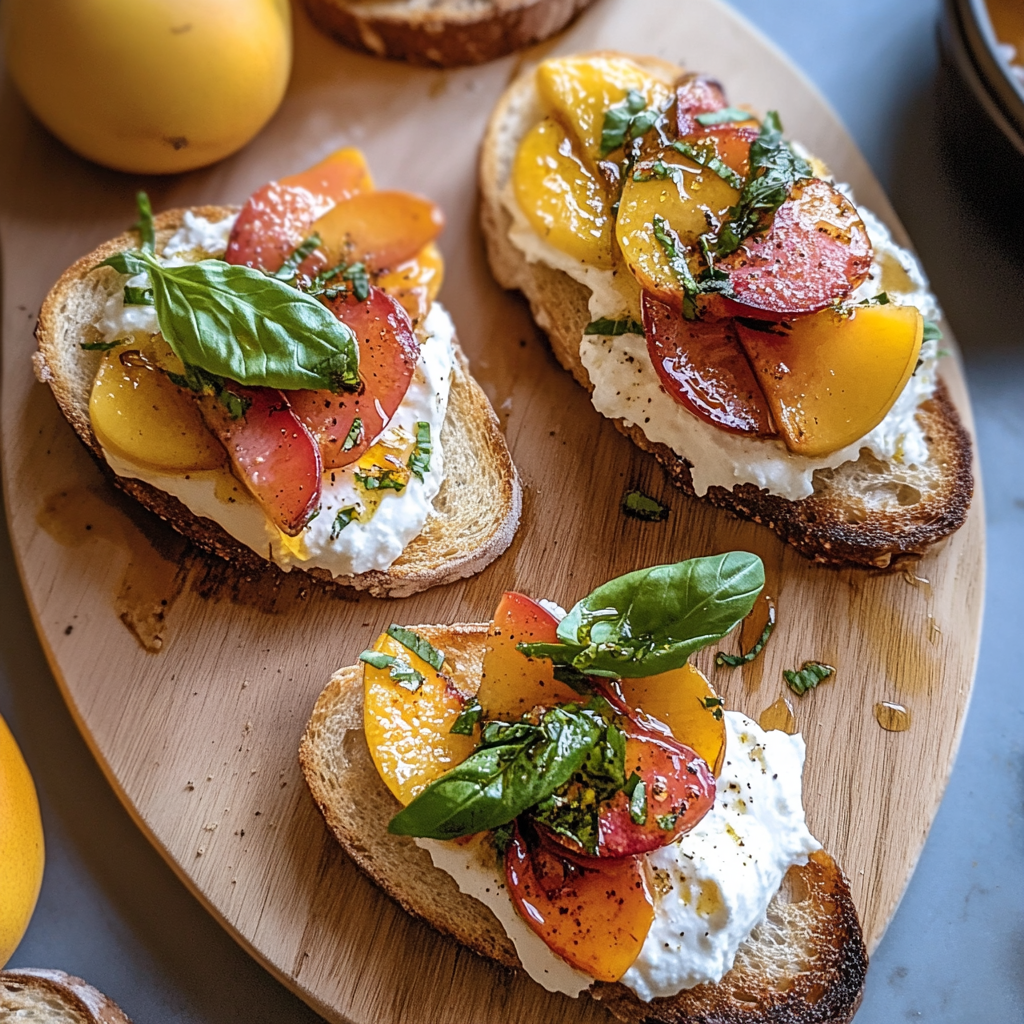 Recipe preparation for Peach Burrata Parmesan Crostini with Hot Honey