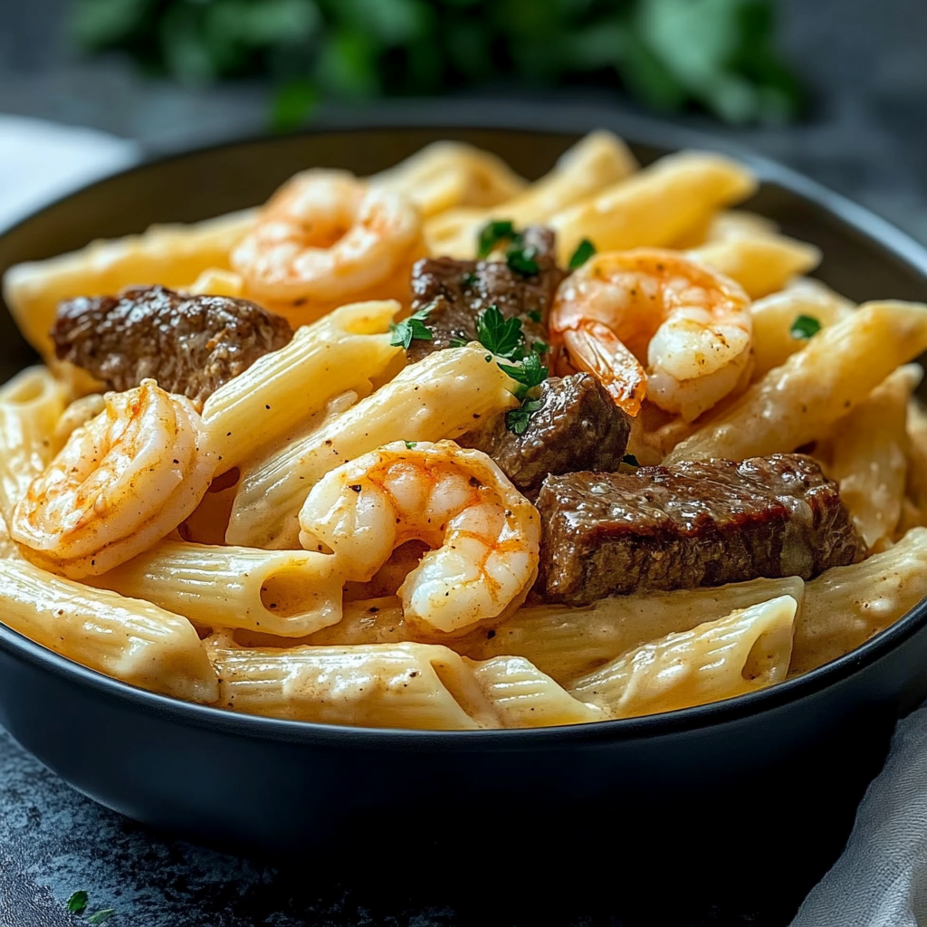 Recipe preparation for Cajun Shrimp and Steak Alfredo Pasta