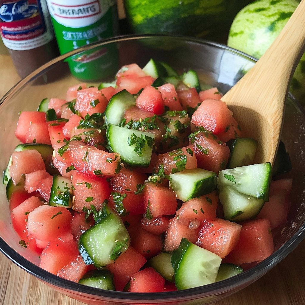 Recipe preparation for Mexican Watermelon Cucumber Salad