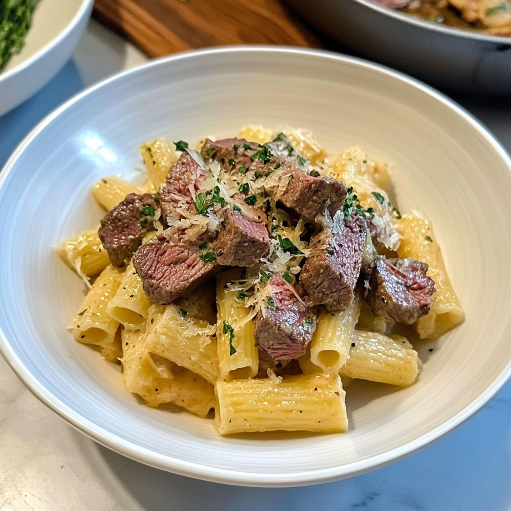 Recipe preparation for Garlic Steak Pasta