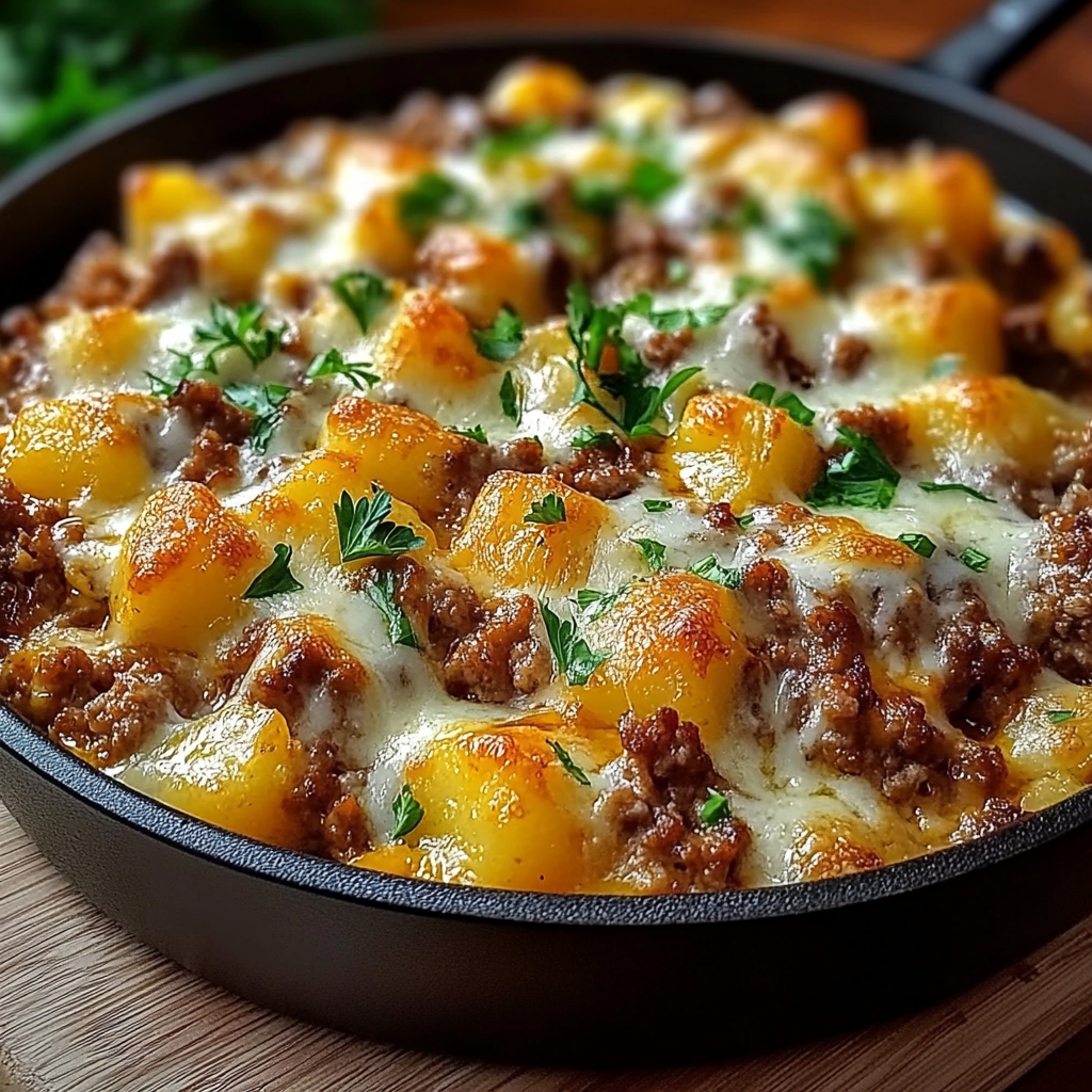 Recipe preparation for Cheesy Meat Potato Skillet