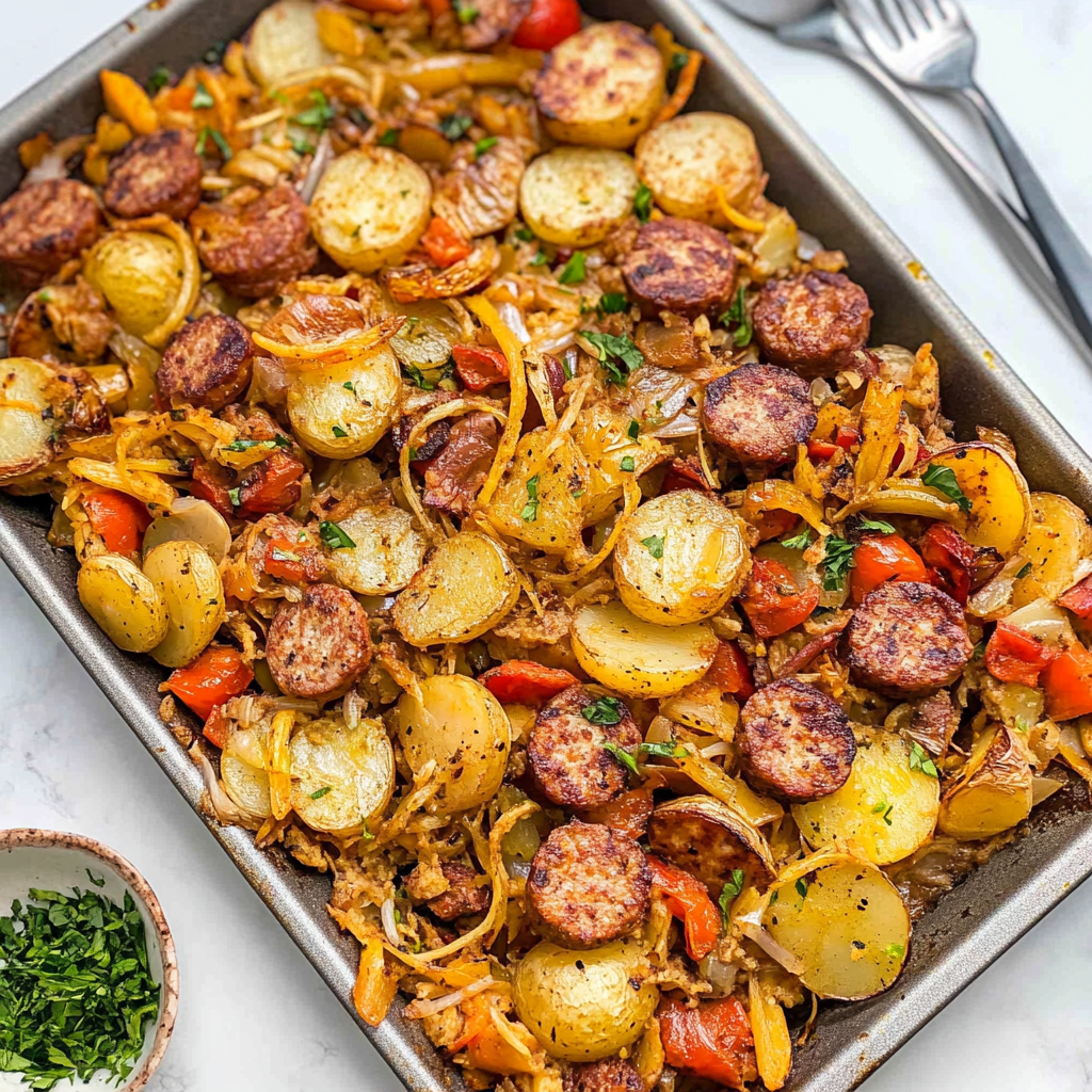 Recipe preparation for Sheet Pan Potatoes Sausage and Veggies