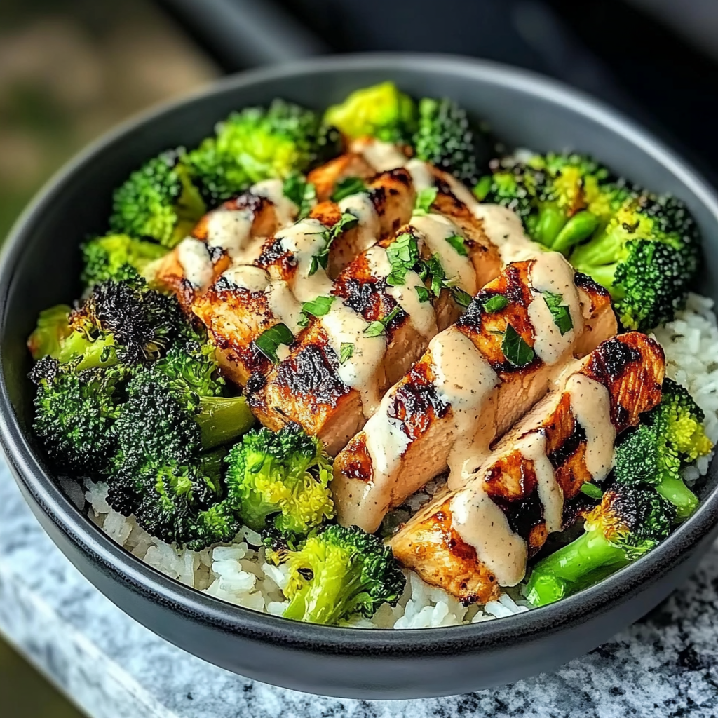 Recipe preparation for Grilled Chicken & Broccoli Bowls with Creamy Garlic Sauce