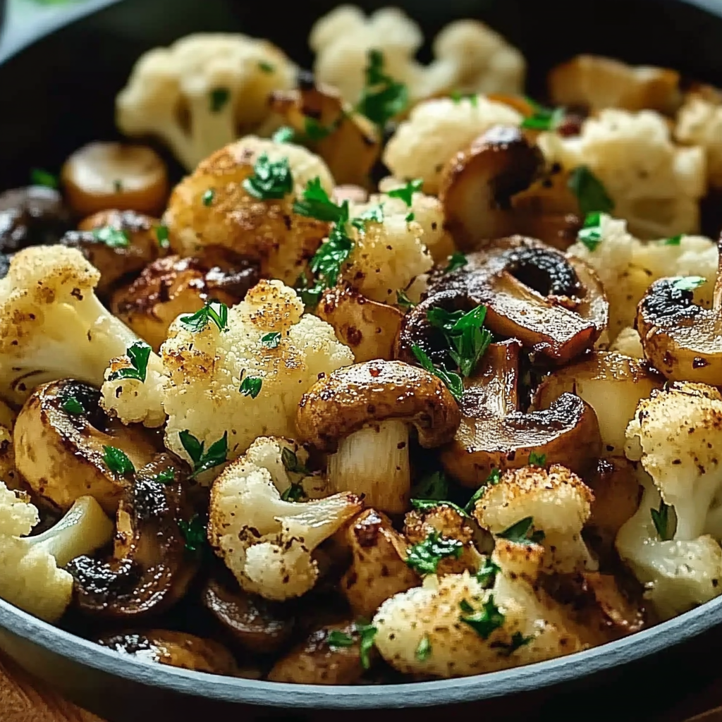 Recipe preparation for Garlic Cauliflower Mushroom Skillet