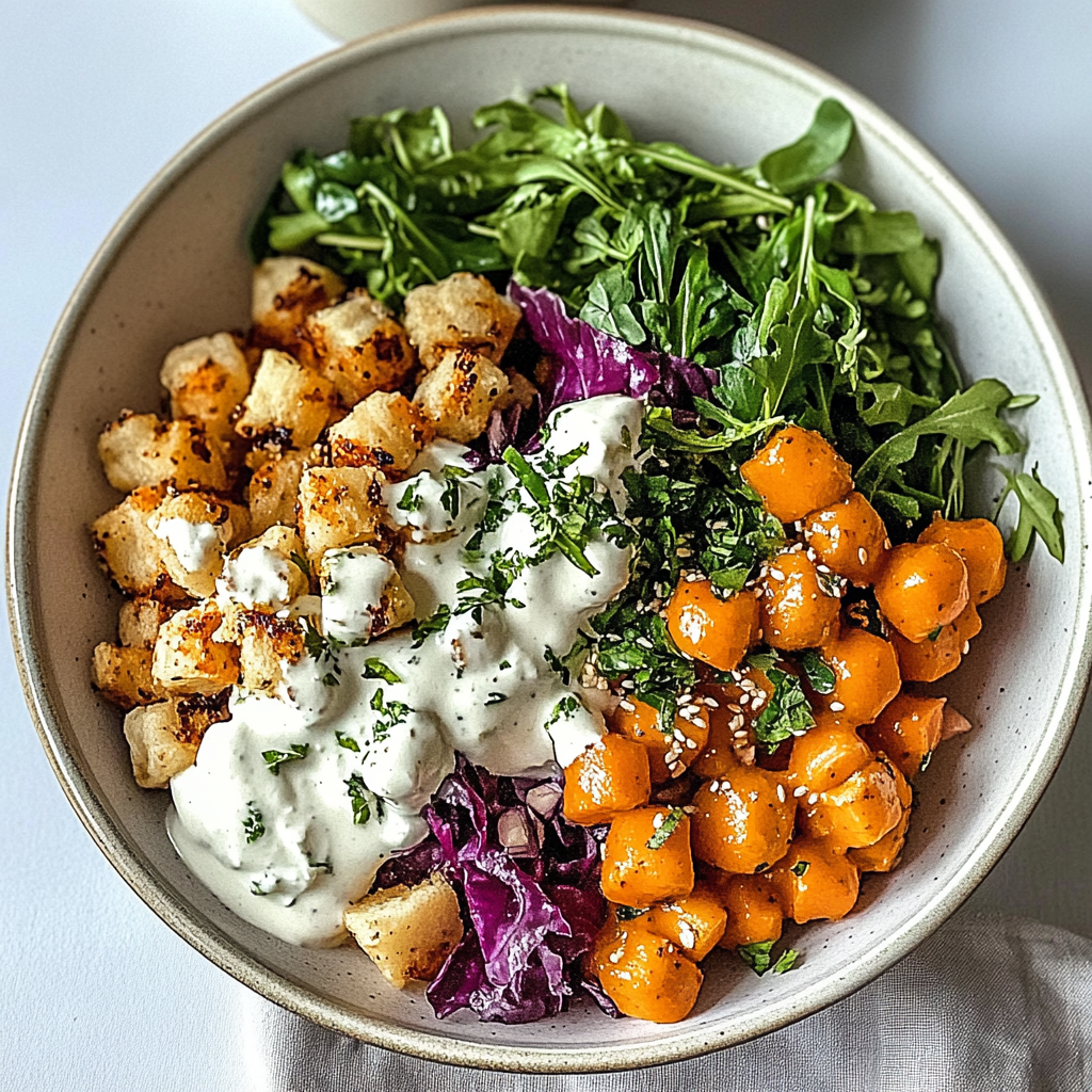 Recipe preparation for Nourish Bowl with Tahini Yogurt Dressing