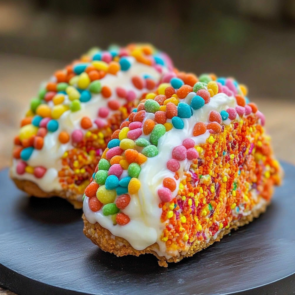 Recipe preparation for Fruity Pebbles Cheesecake Tacos