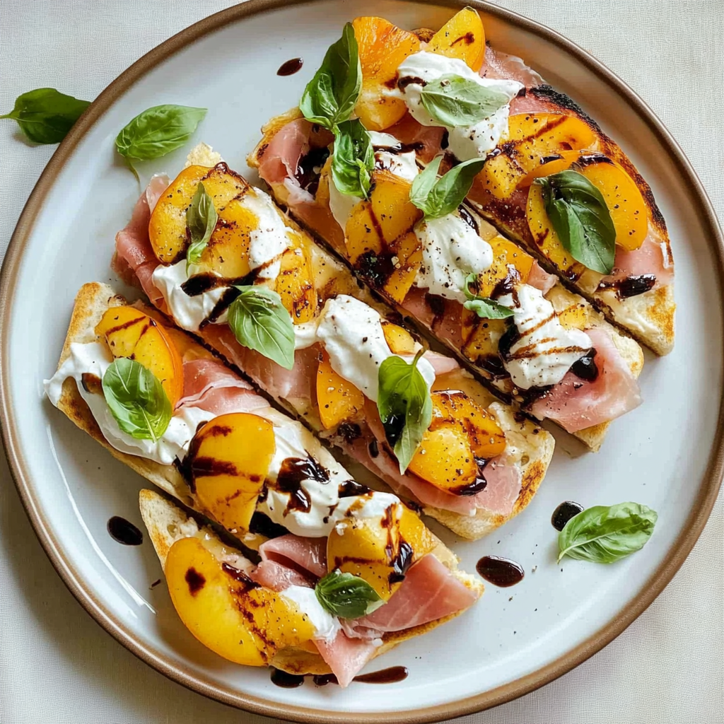 Recipe preparation for Sweet Grilled Peach and Prosciutto Flatbread Recipe