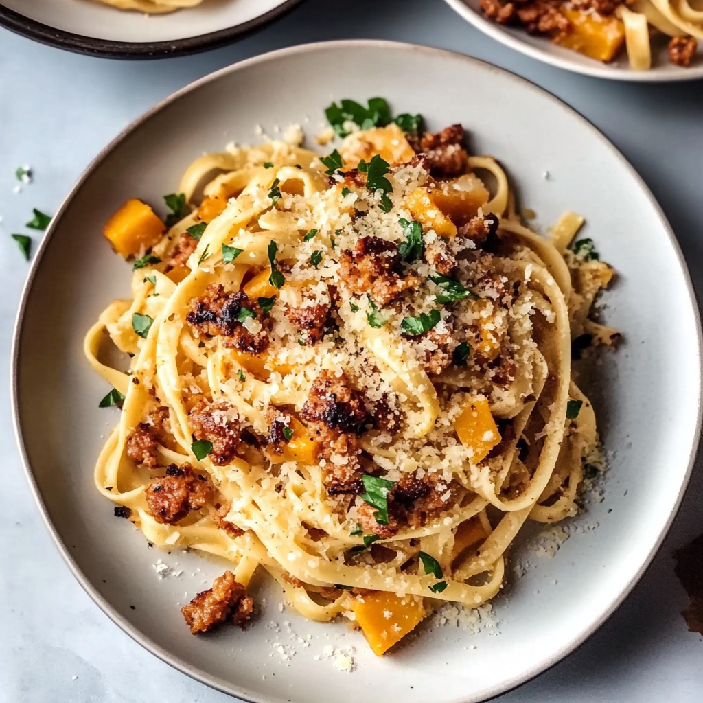 Recipe preparation for Creamy Butternut Squash Pasta with Sausage
