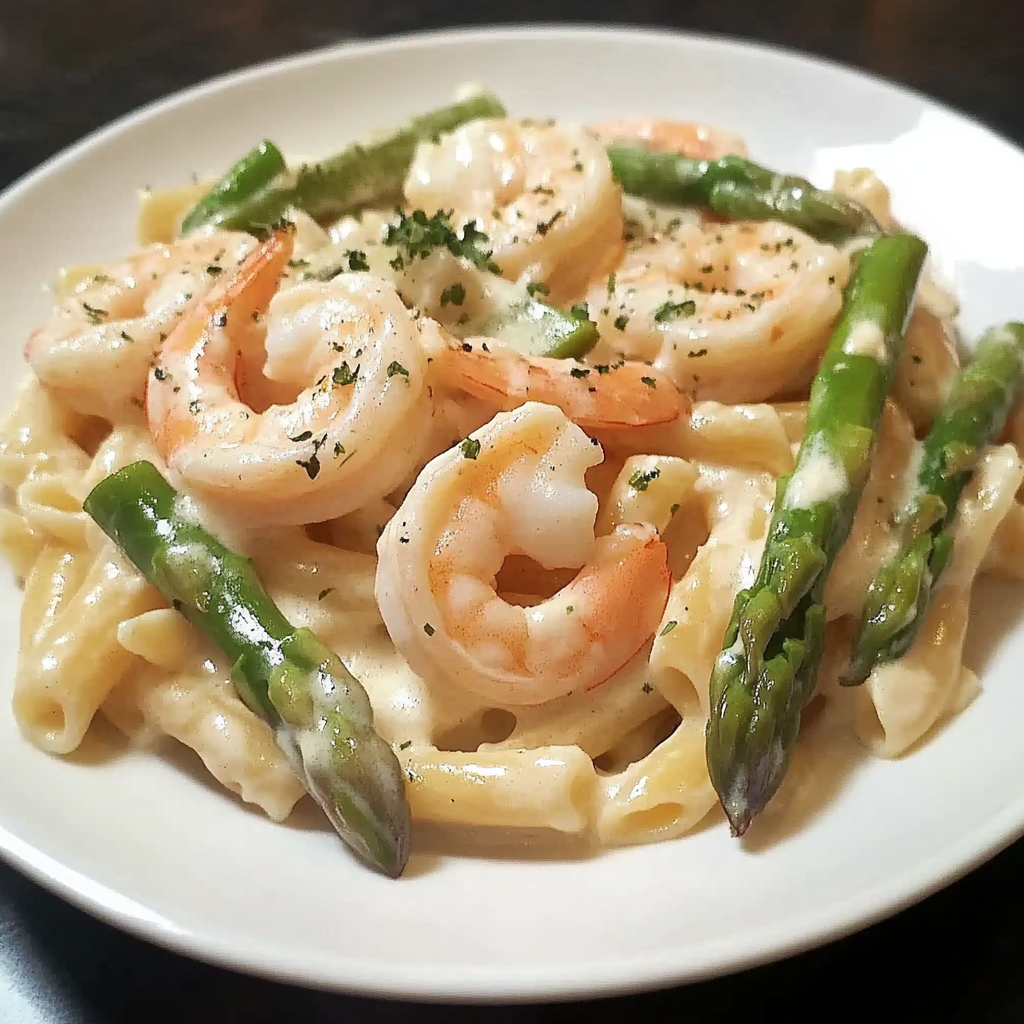 Recipe preparation for Creamy Shrimp and Asparagus Pasta