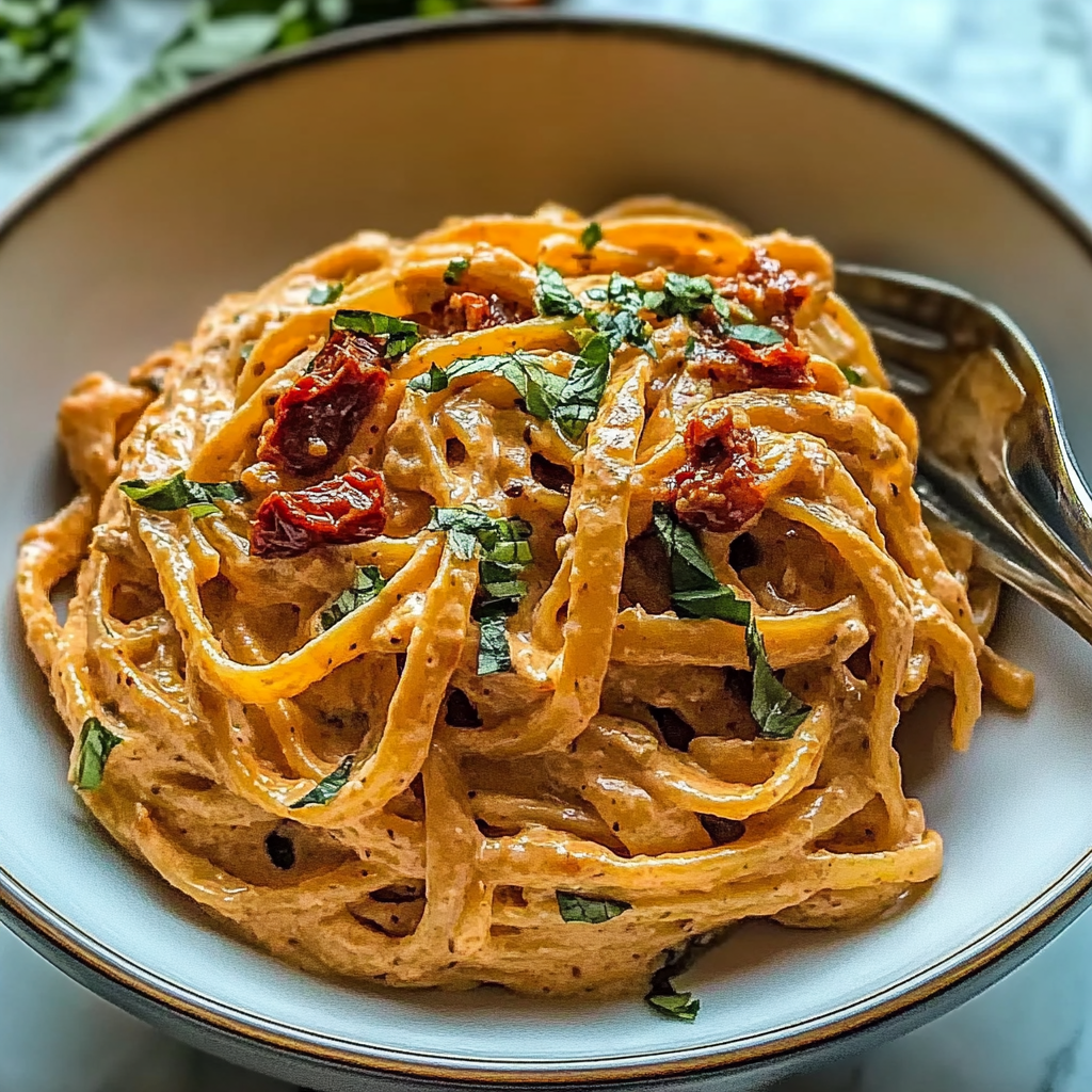 Recipe preparation for Creamy Sun-Dried Tomato Vegan Pasta