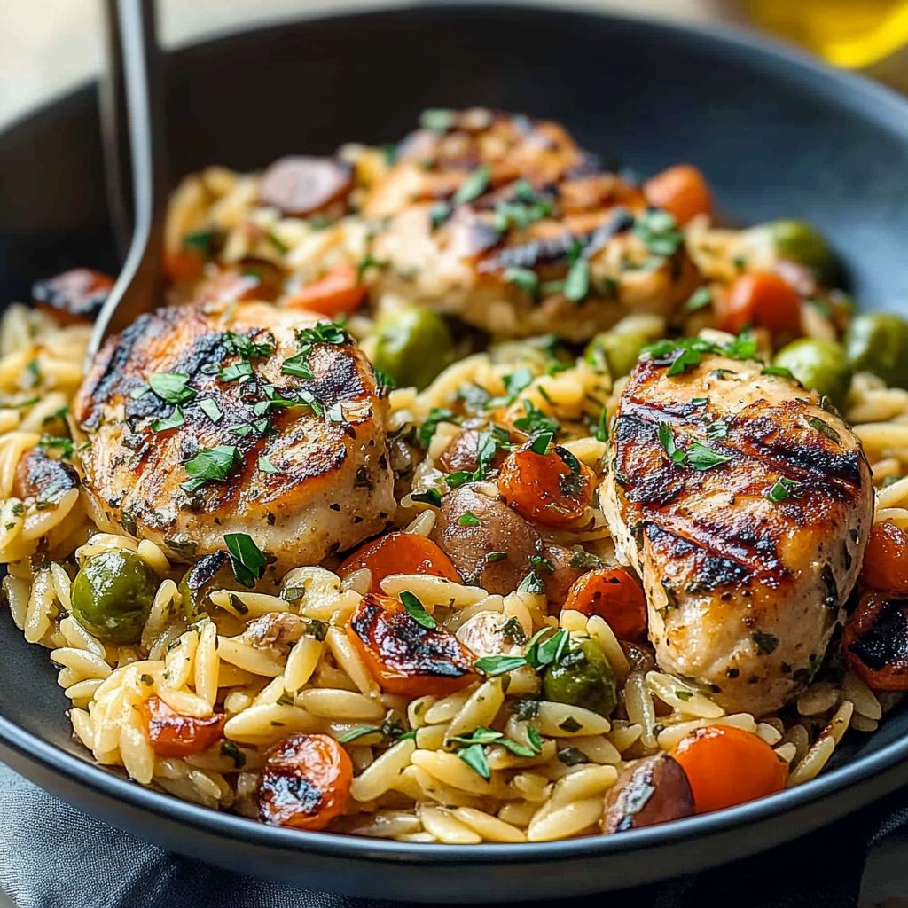 Recipe preparation for Mediterranean Chicken Orzo