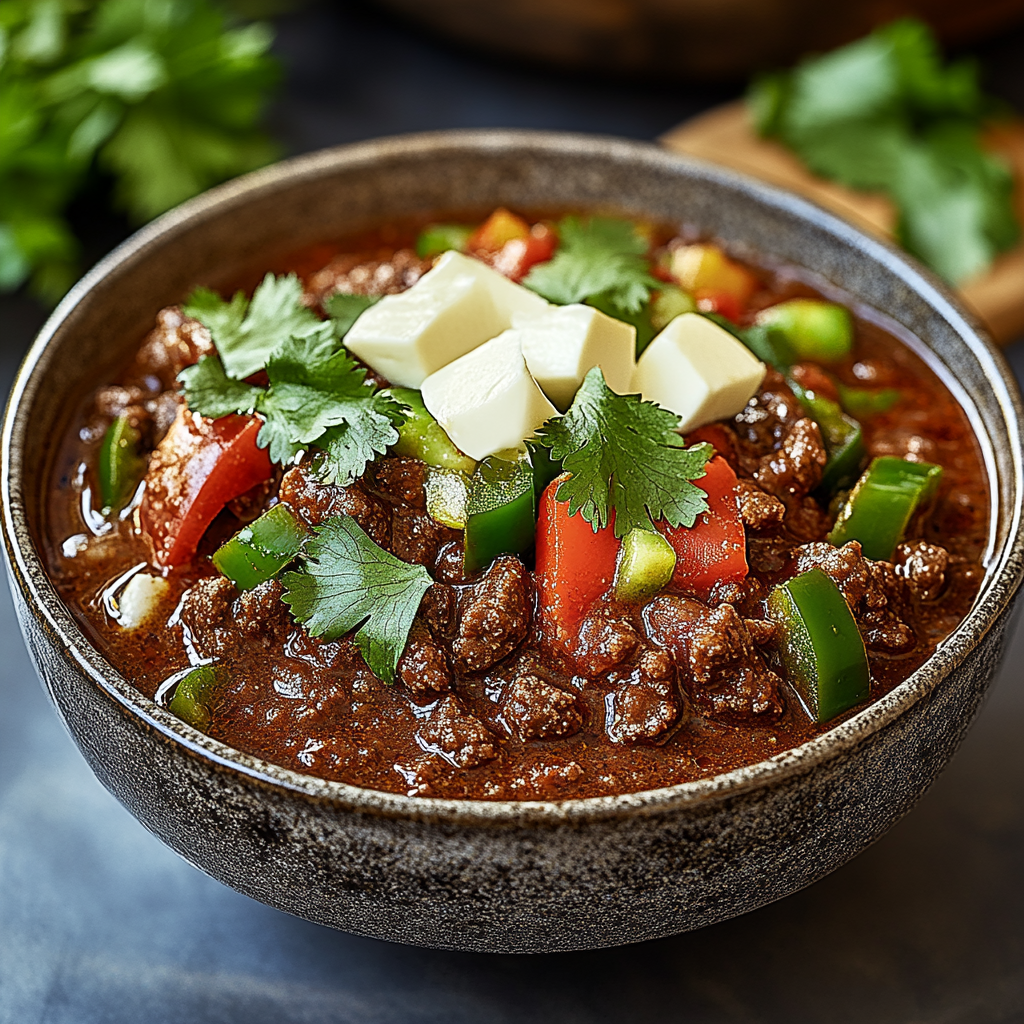 Recipe preparation for Smoky Beef and Poblano Pepper Chili