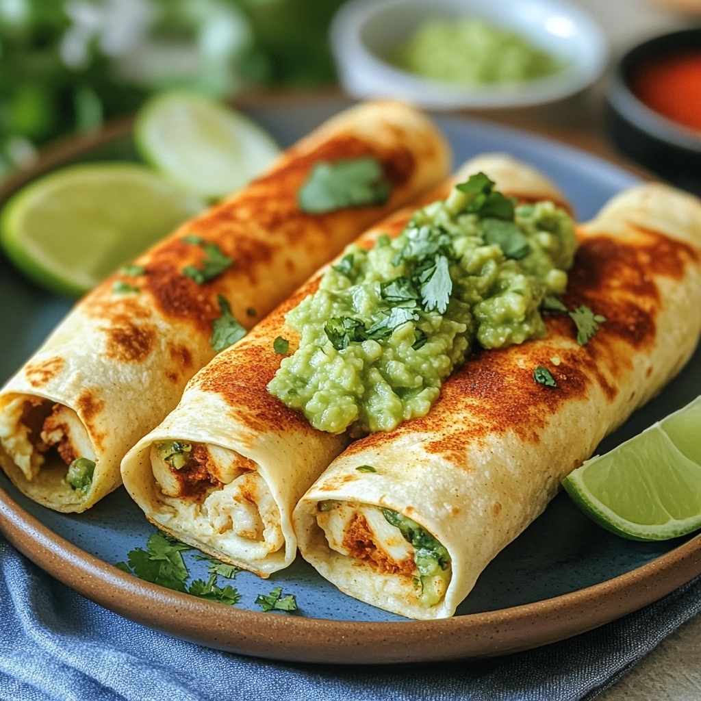 Recipe preparation for Crispy Chicken Flautas Guacamole Salsa