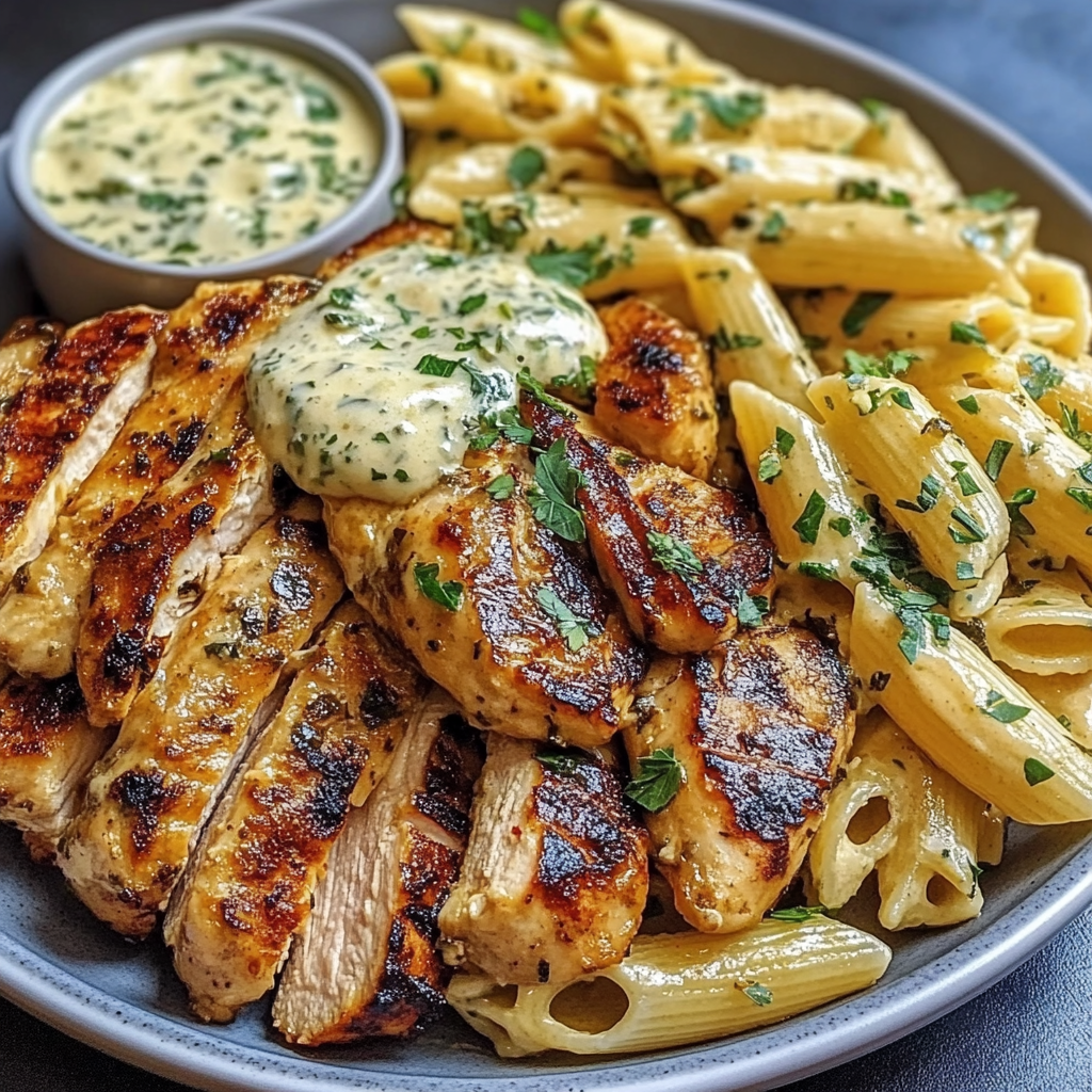 Recipe preparation for Loaded Herb Grilled Chicken Pasta