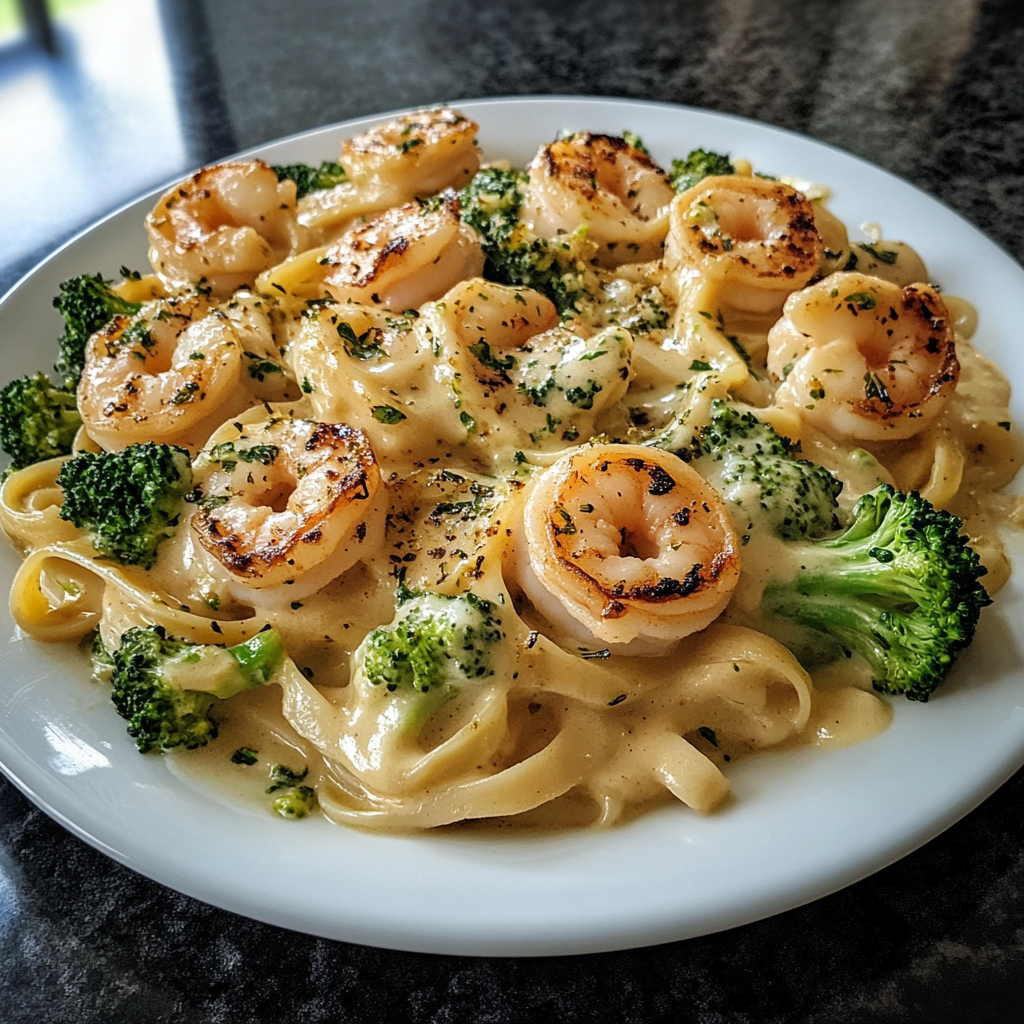 Recipe preparation for Creamy Shrimp Broccoli Alfredo