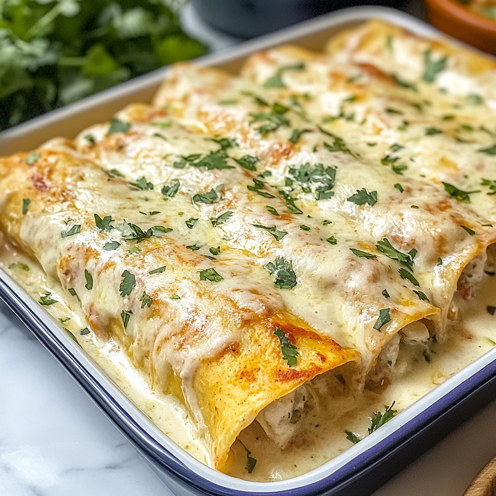 Recipe preparation for Creamy White Chicken Enchiladas